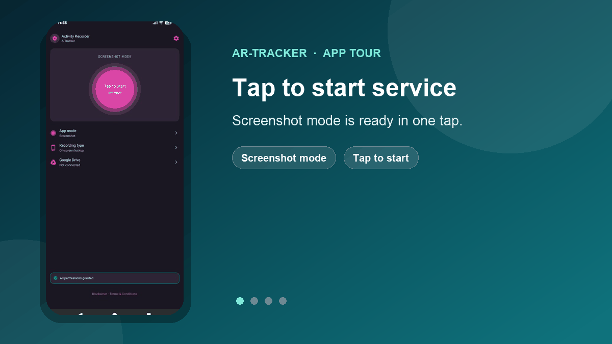 Animated tour of AR-Tracker: start screenshot mode, choose settings and connect Google Drive