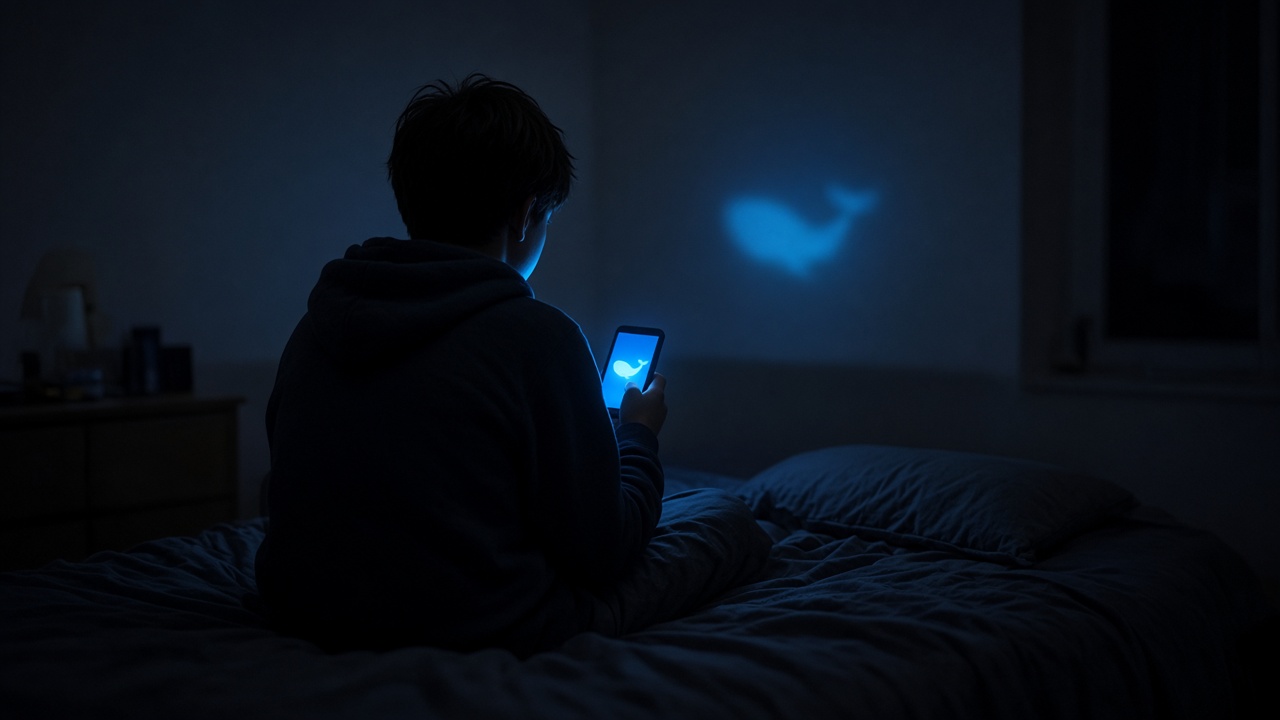 A teenager alone in a dark bedroom, lit by a phone showing a blue whale symbol