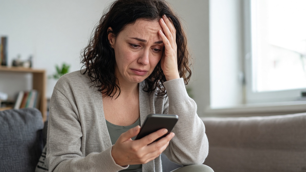 A worried mother looking at her phone at night, in fear for her child