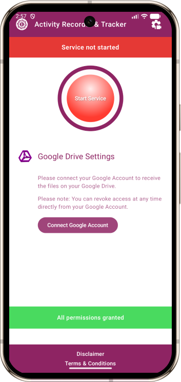 Activity Recorder & Tracker phone screen showing Google Drive cloud sync connected