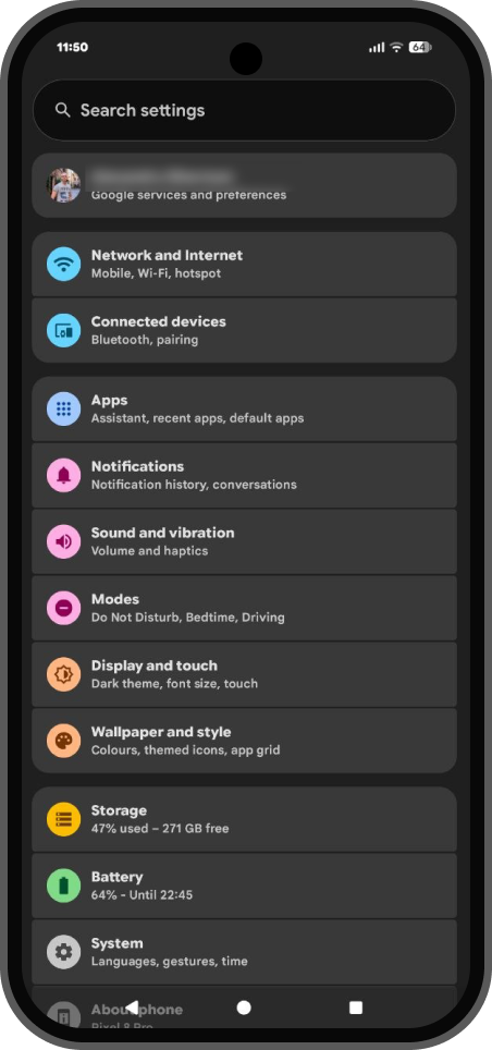 Android Settings screen with Apps option