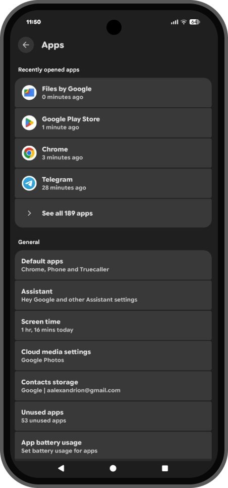 Apps settings screen with See all apps