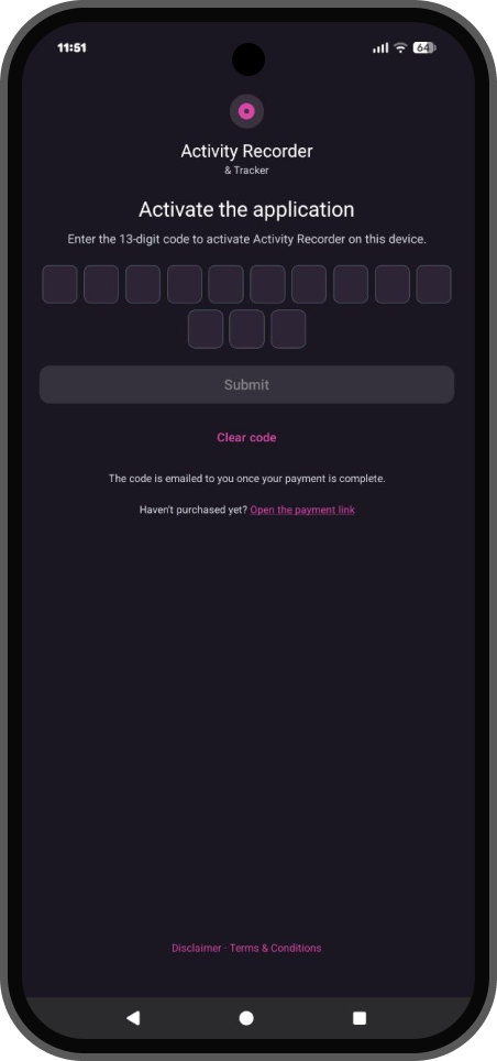 App activation screen for entering the 13-digit code