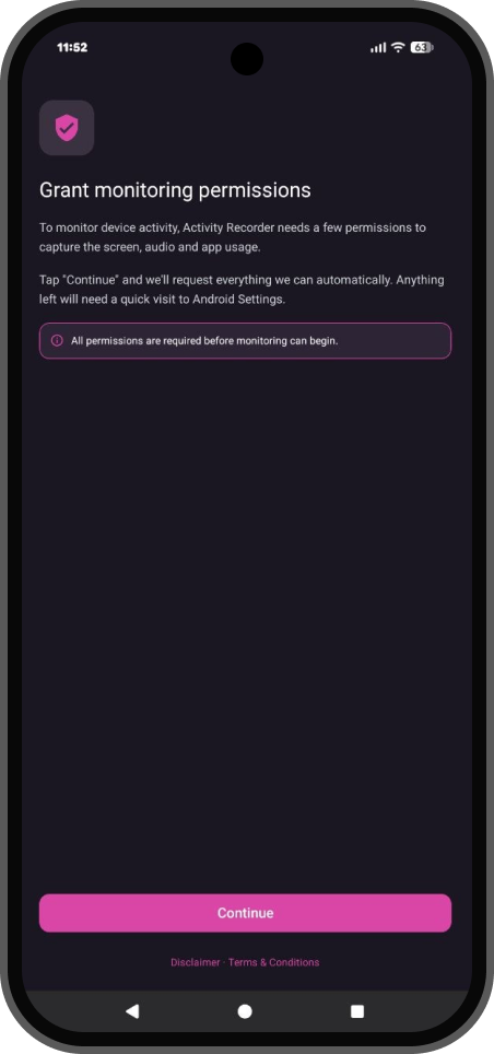 Grant monitoring permissions continue screen