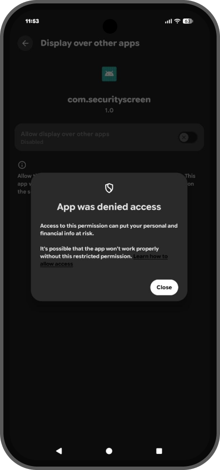 Android message denying restricted setting