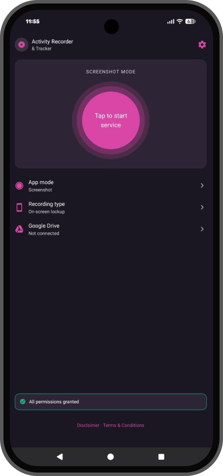 App main menu after permissions are granted