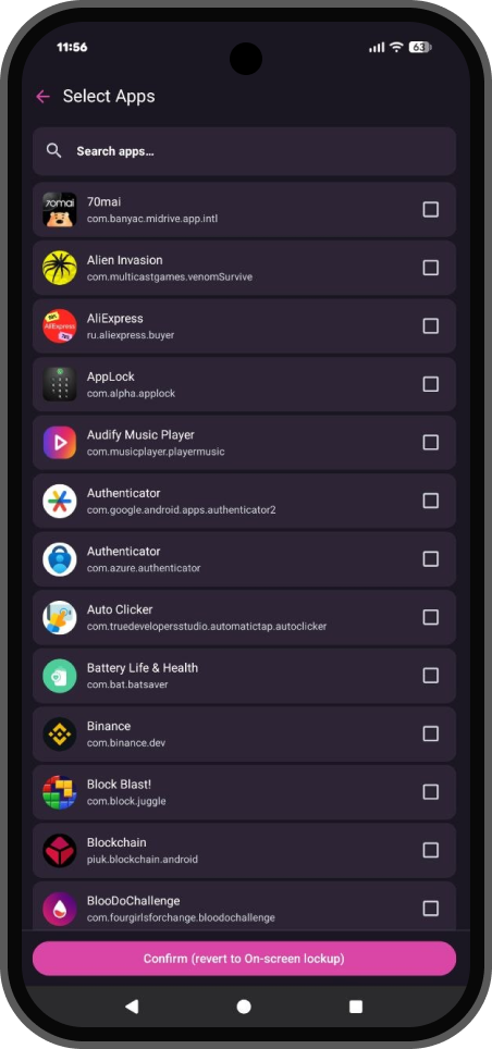 Select apps screen for in-app monitoring