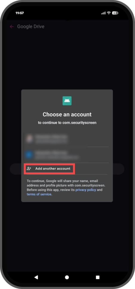 Google account picker with Add another account