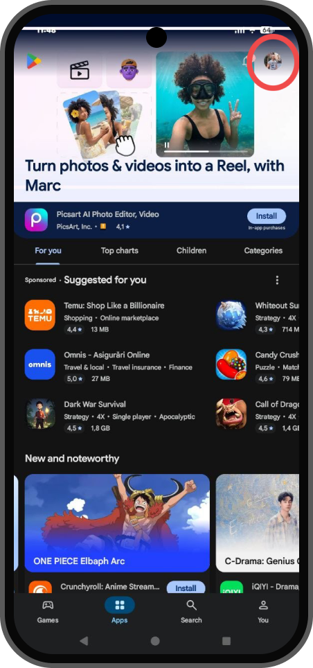 Google Play Store home screen with profile icon highlighted