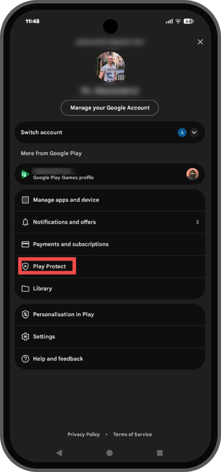 Play Store account menu with Play Protect option