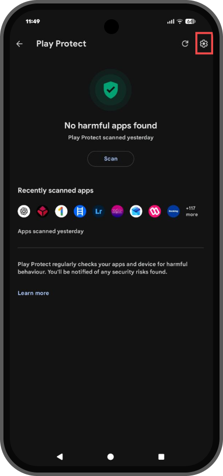 Play Protect screen with settings gear