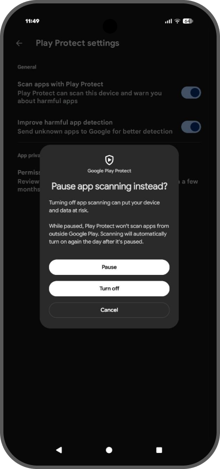 Play Protect settings with scan apps toggle