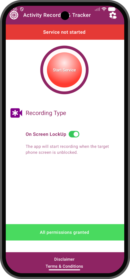 Activity Recorder & Tracker main settings showing recording trigger options and permission status
