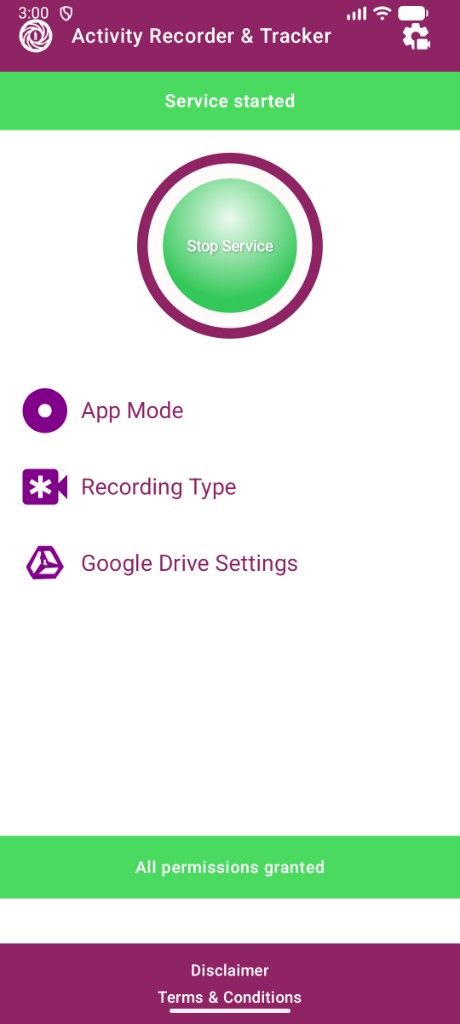 Activity Recorder & Tracker main page showing active Stop Services state and in-app settings